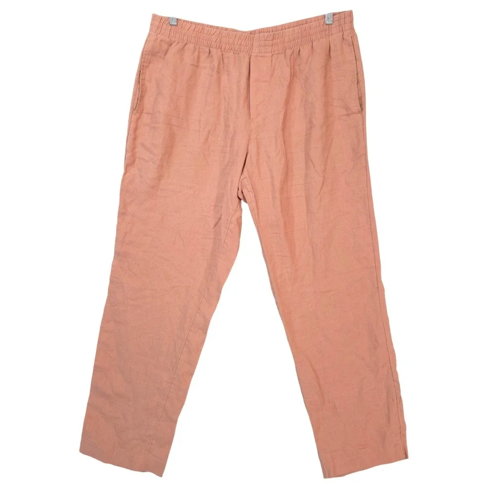 H&M Regular Fit Linen Pants Mens L Elastic Waist Drawstring Peach Orange Summer